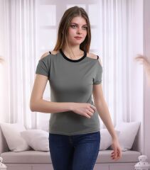 Haki Omuzu Açık Kısa Kol Kadın T-Shirt
