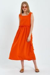 Yandan Cepli Kalın Askılı Keten Uzun Elbise TURUNCU - S