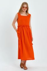 Yandan Cepli Kalın Askılı Keten Uzun Elbise TURUNCU - S