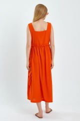 Yandan Cepli Kalın Askılı Keten Uzun Elbise TURUNCU - S