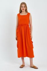 Yandan Cepli Kalın Askılı Keten Uzun Elbise TURUNCU - M