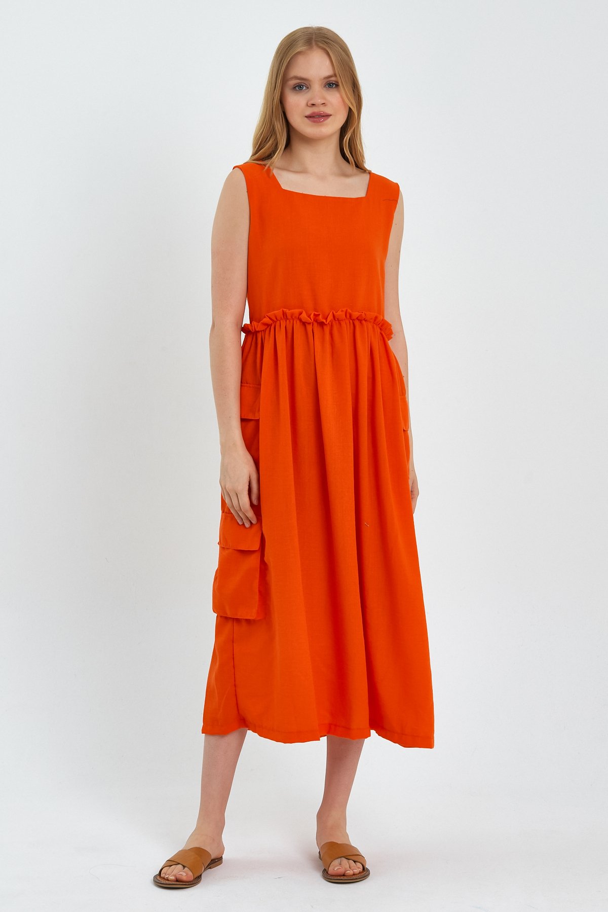 Yandan Cepli Kalın Askılı Keten Uzun Elbise TURUNCU - M