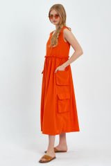 Yandan Cepli Kalın Askılı Keten Uzun Elbise TURUNCU - M