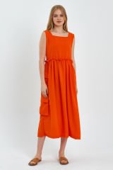 Yandan Cepli Kalın Askılı Keten Uzun Elbise TURUNCU - L