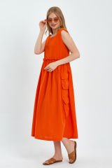 Yandan Cepli Kalın Askılı Keten Uzun Elbise TURUNCU - L