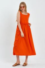 Yandan Cepli Kalın Askılı Keten Uzun Elbise TURUNCU - L