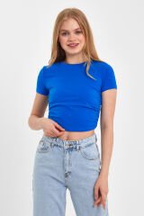 Yan Büzgülü Crop T-shirt Mavi
