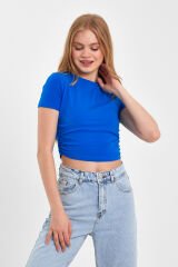 Yan Büzgülü Crop T-shirt Mavi