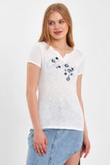 Kısa Kol Kadın T-shirt Mavi Çiçekli Beyaz