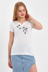 Kısa Kol Kadın T-shirt Mavi Çiçekli Beyaz