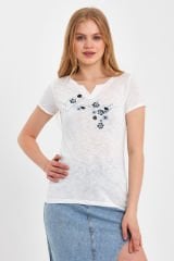 Kısa Kol Kadın T-shirt Mavi Çiçekli Beyaz