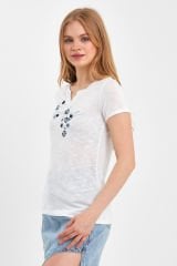 Kısa Kol Kadın T-shirt Mavi Çiçekli Beyaz