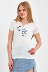 Kısa Kol Kadın T-shirt Mavi Çiçekli Beyaz