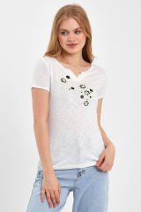 Kısa Kol Kadın T-shirt Mavi Çiçekli Beyaz YEŞİL ÇİÇEKLİ - S