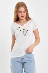 Kısa Kol Kadın T-shirt Mavi Çiçekli Beyaz YEŞİL ÇİÇEKLİ - M