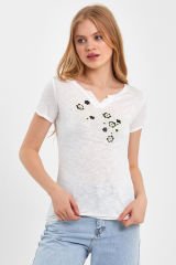 Kısa Kol Kadın T-shirt Mavi Çiçekli Beyaz YEŞİL ÇİÇEKLİ - M