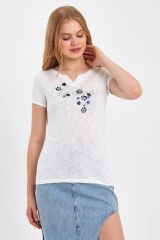 Kısa Kol Kadın T-shirt Mavi Çiçekli Beyaz MAVİ ÇİÇEKLİ - S