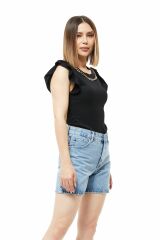 Zincir Detay Kadın Bluz SİYAH - XL