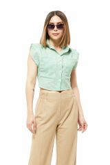 Çizgili Crop Gömlek YEŞİL - S