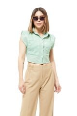 Çizgili Crop Gömlek YEŞİL - M