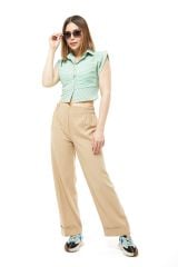 Çizgili Crop Gömlek YEŞİL - L