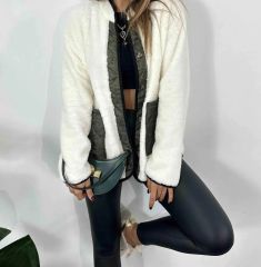 Kapitone Cep Detaylı Düğmeli Pelüş Beyaz Polar Mont Unisex BEYAZ - M
