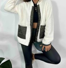 Kapitone Cep Detaylı Düğmeli Pelüş Beyaz Polar Mont Unisex BEYAZ - M