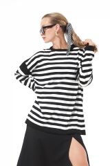 Oversize Çizgili Triko Kazak SİYAH - STD