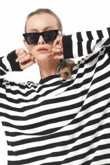 Oversize Çizgili Triko Kazak SİYAH - STD