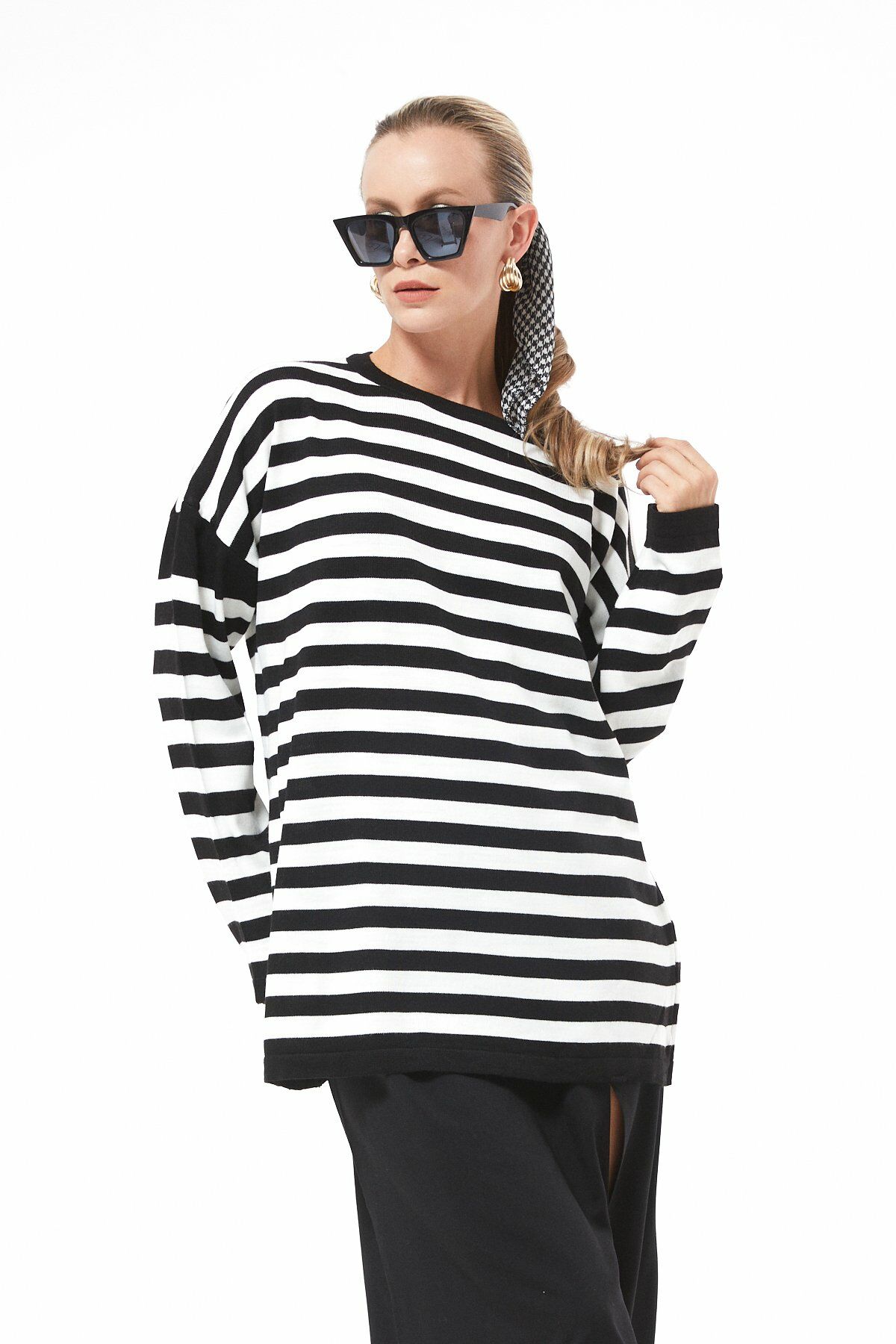 Oversize Çizgili Triko Kazak SİYAH - STD