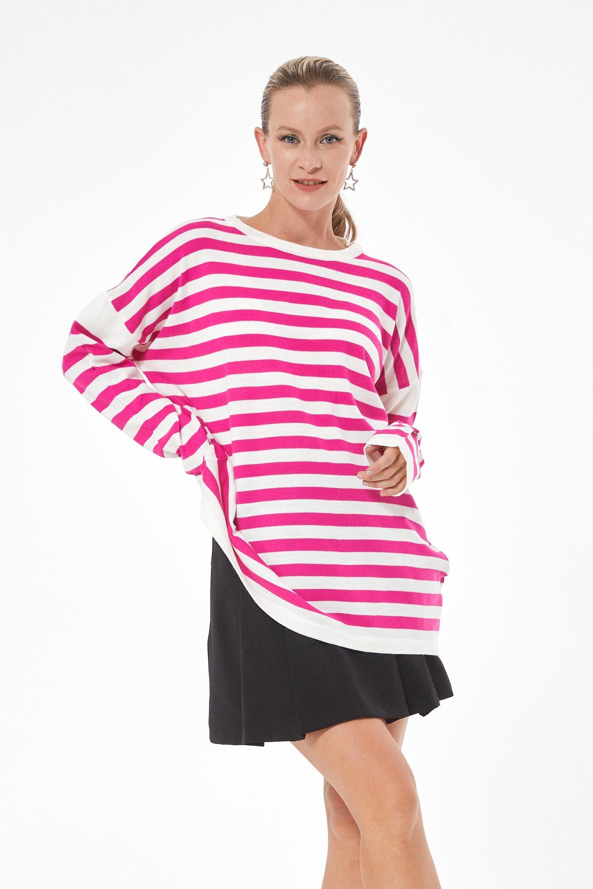 Oversize Çizgili Triko Kazak FUŞYA - STD