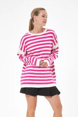 Oversize Çizgili Triko Kazak FUŞYA - STD