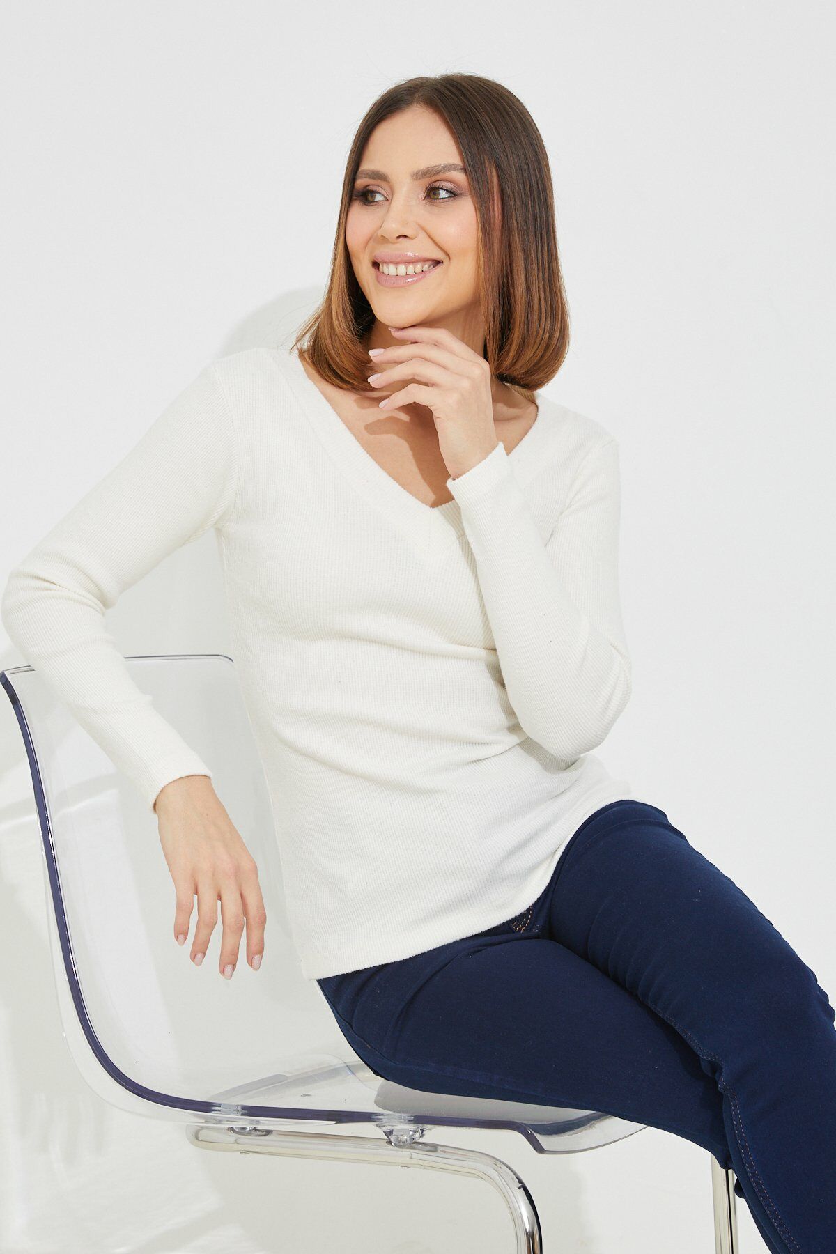 V Yaka Fitilli Kadın Bluz KREM - STD