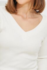 V Yaka Fitilli Kadın Bluz KREM - STD