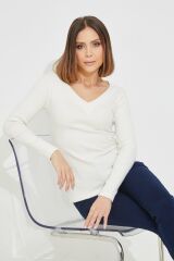 V Yaka Fitilli Kadın Bluz KREM - STD