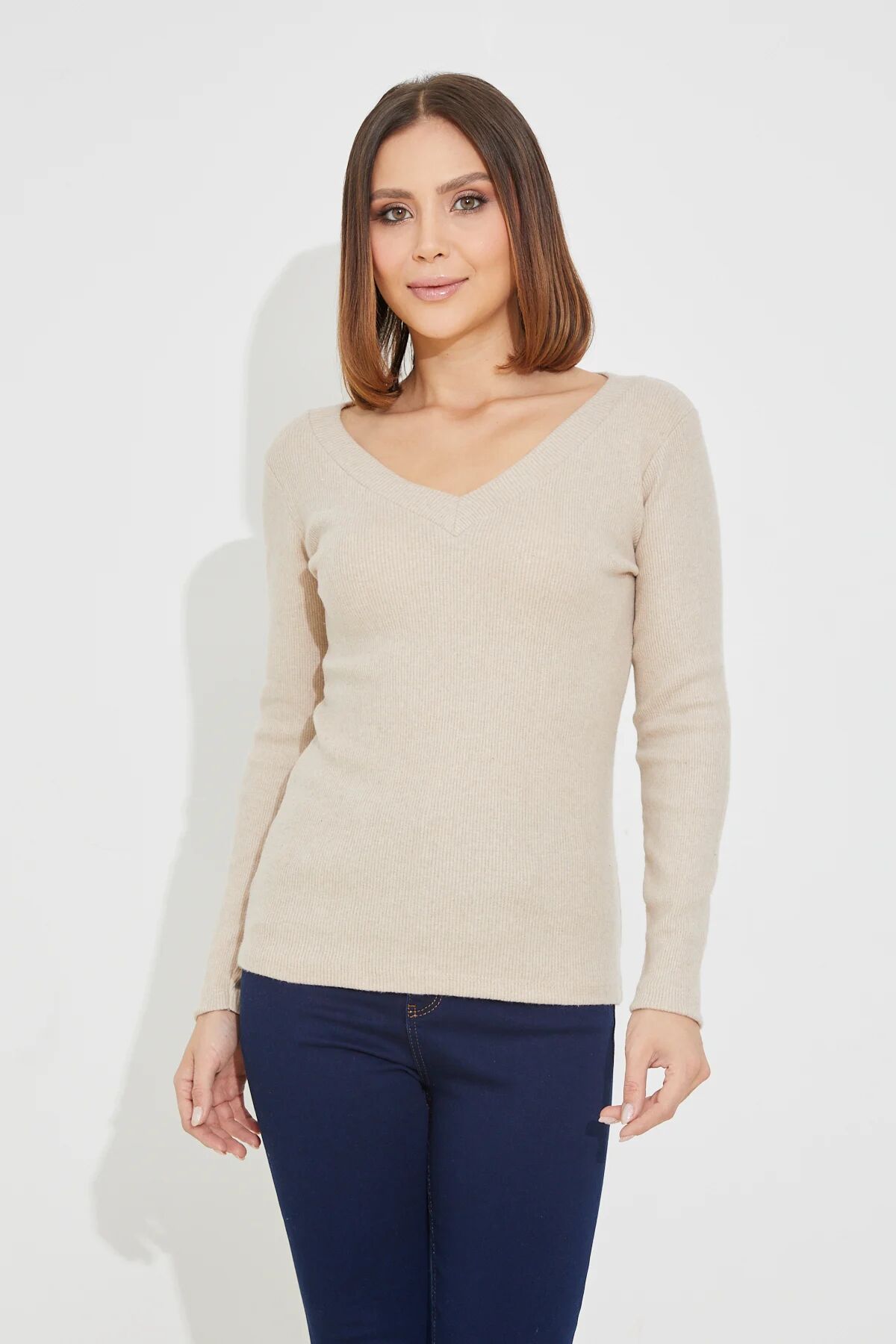 V Yaka Fitilli Kadın Bluz SÜTLÜ KAHVE - STD