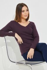 V Yaka Fitilli Kadın Bluz MOR - STD