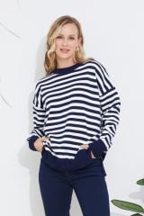 Yırtmaçlı Arkası Uzun Çizgili Triko Kazak LACİVERT - STD