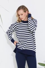 Yırtmaçlı Arkası Uzun Çizgili Triko Kazak LACİVERT - STD