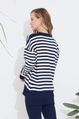 Yırtmaçlı Arkası Uzun Çizgili Triko Kazak LACİVERT - STD