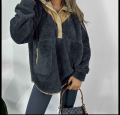 Camel Yaka Fermuarlı  Peluş Polar Antrasit