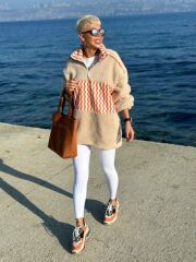 Zigzag Desenli Peluş Polar Unisex S - BEJ