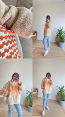 Zigzag Desenli Peluş Polar Unisex L  - BEJ