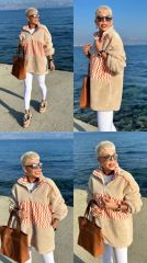 Zigzag Desenli Peluş Polar Unisex L  - BEJ