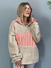 Zigzag Desenli Peluş Polar Unisex L  - BEJ
