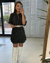 Eteği Fırfırlı Desenli Elbise Yeşil