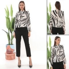 Zarif Zebra Desenli Saten Bluz