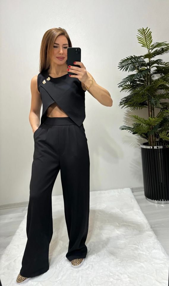 Asimetrik Gold Düğme Detaylı Tasarım Takım SİYAH - S