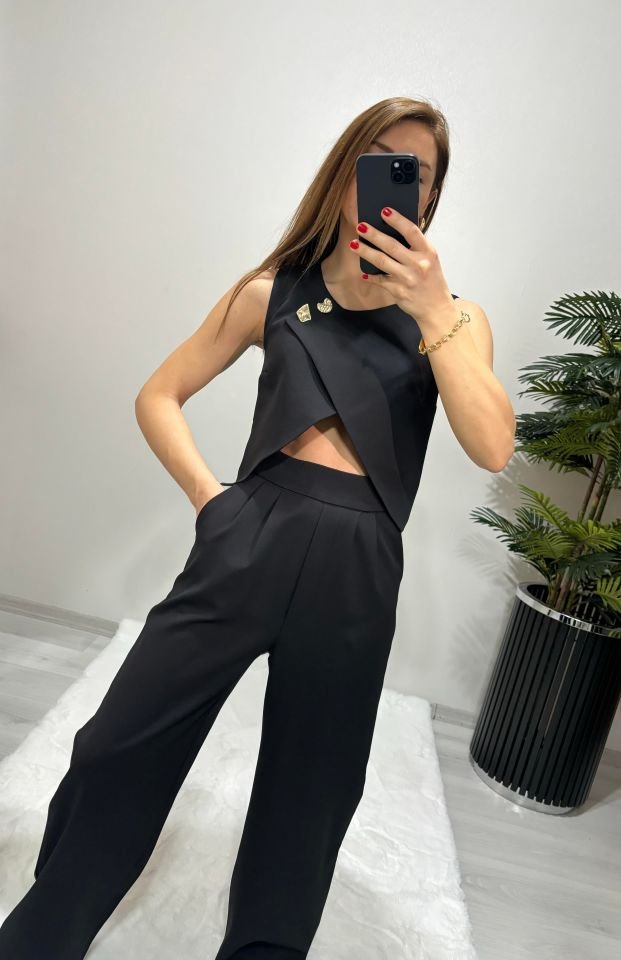 Asimetrik Gold Düğme Detaylı Tasarım Takım SİYAH - L